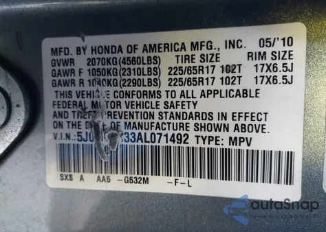 2010 Honda Cr-V Lx z USA, uszkodzony, nr VIN 5J6RE4H33AL071492
